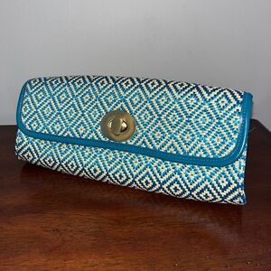 Big Buddha Blue and Tan Braided Clutch